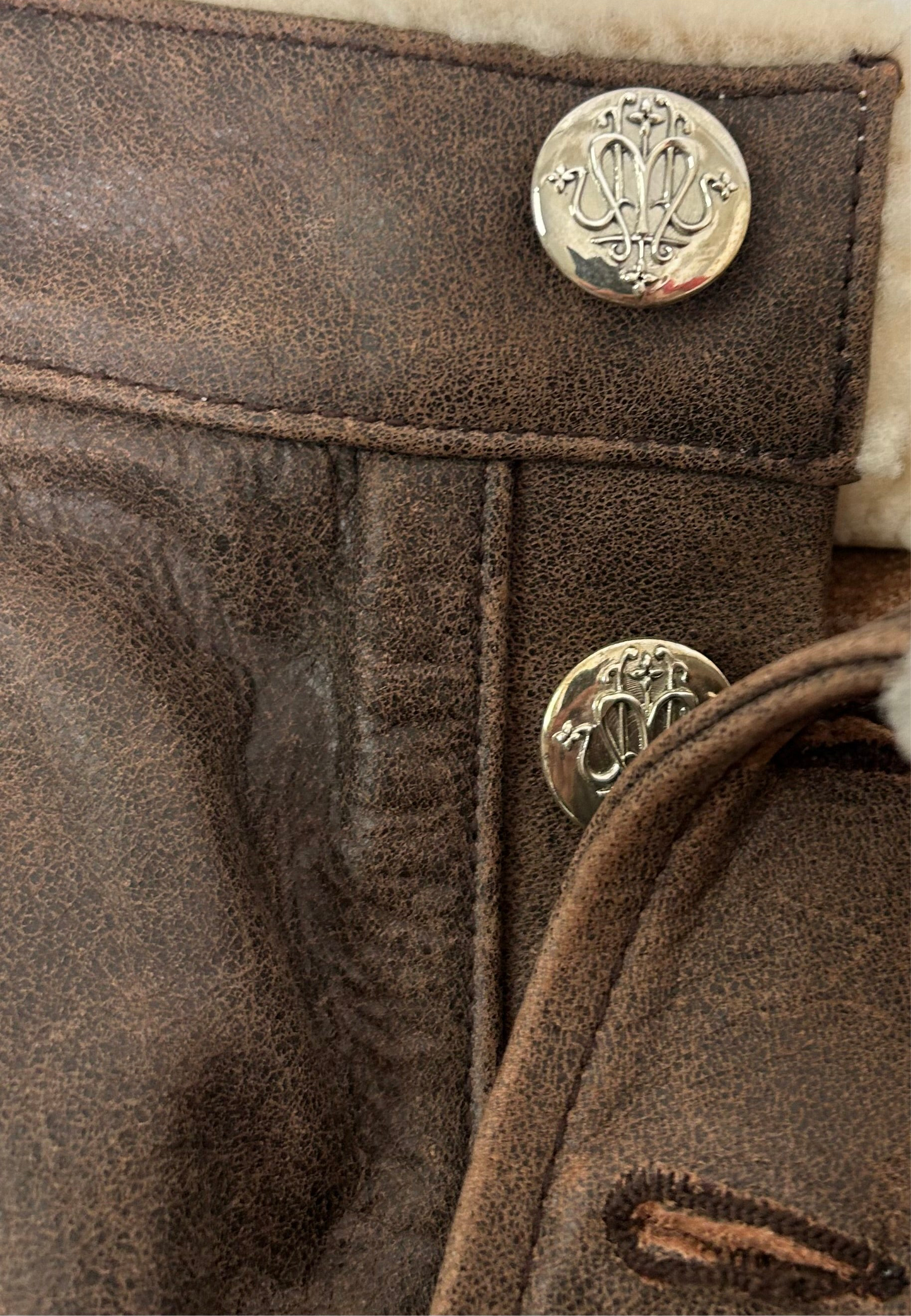 DISTRESSED BROWN LEATHER SHEARLING PANT