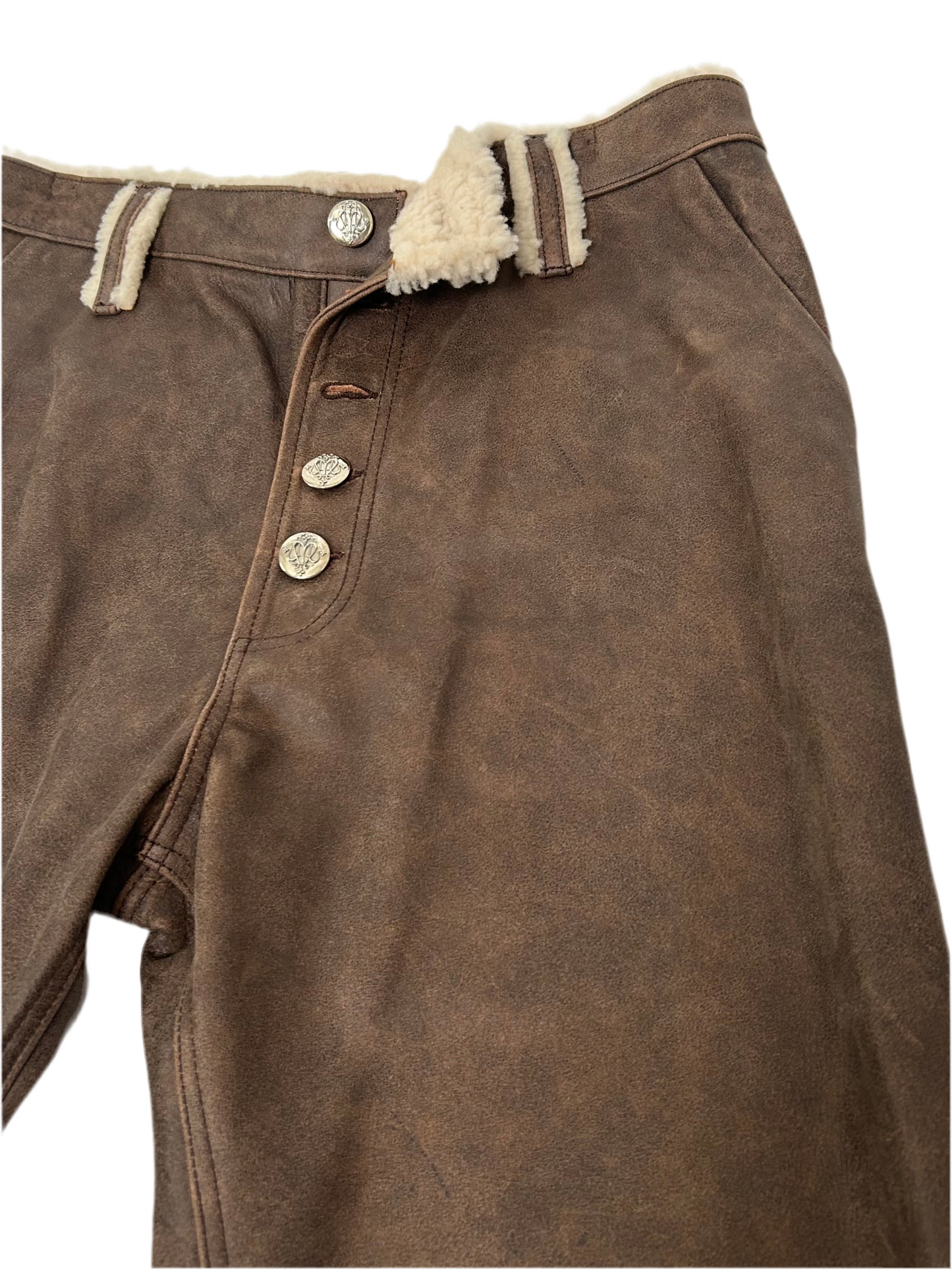 DISTRESSED BROWN LEATHER SHEARLING PANT