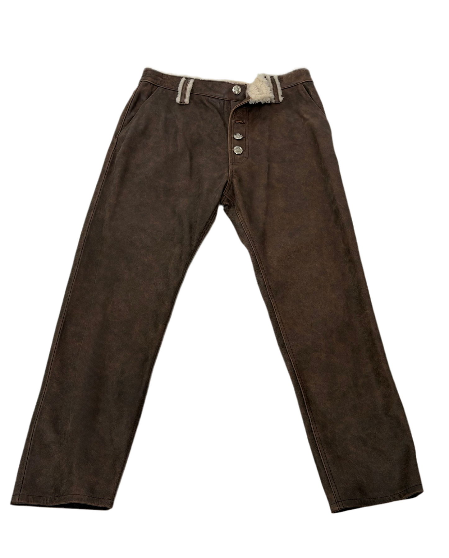 DISTRESSED BROWN LEATHER SHEARLING PANT